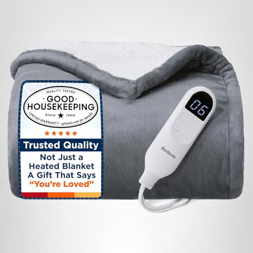 Bedsure Heated Blanket Throw Blanket - Fast Heating Electric Blanket, Soft Flannel Heated Throw with 4 Time Settings, 6 Heating Settings, Warm Gifts for Grandma & Grandpa & Seniors (50“x60”, Grey)