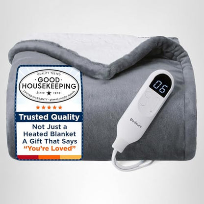 Bedsure Heated Blanket Throw Blanket - Fast Heating Electric Blanket, Soft Flannel Heated Throw with 4 Time Settings, 6 Heating Settings, Warm Gifts for Grandma & Grandpa & Seniors (50“x60”, Grey)