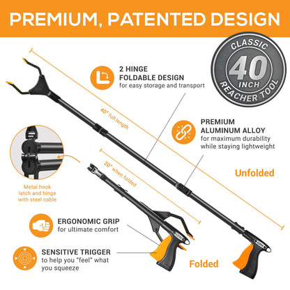 EZPIK Classic 40" Flexible Folding Grabber Tool for Elderly + Magnets, Reacher for Disabled & Seniors Heavy Duty Rotating Grippers for Reaching Underneath, Trash Grabbers & Pickers for Mobility