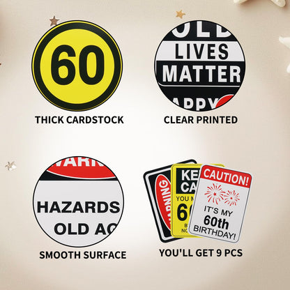 60th Birthday Decorations- 9PCS Over the Hill 60th Birthday Decorations for Men Women 60 Years Old Birthday Party Decor for Him Her Cheers to 60 Years Old Photo Booth Props You're 60 Caution Logos on Door Windows Yard Garden