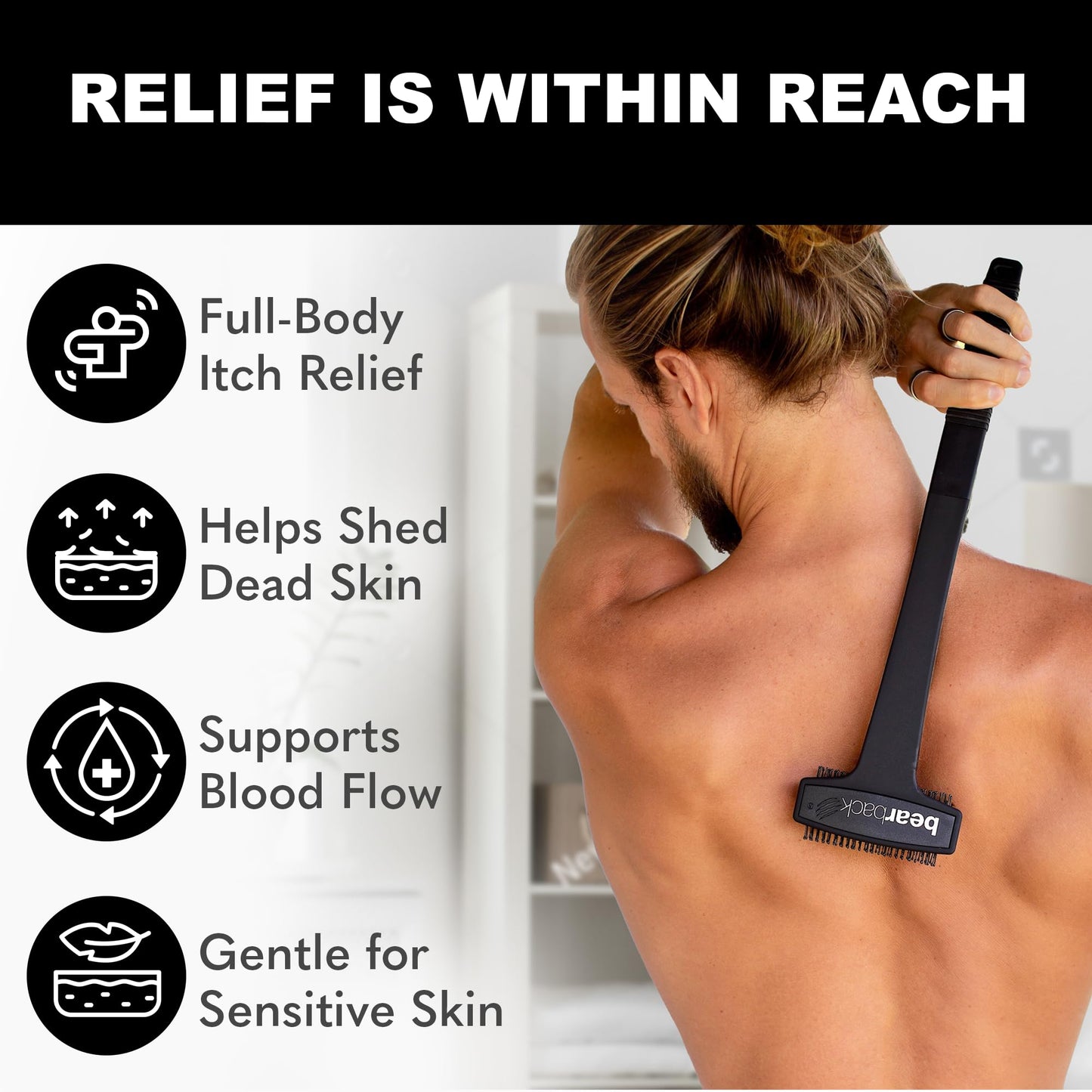Bearback Back Scratcher for Men & Women – Long Reach Folding Handle, Skin-Safe Bristles – Extendable, Portable, Easy to Clean – Designed by a USA Small Business