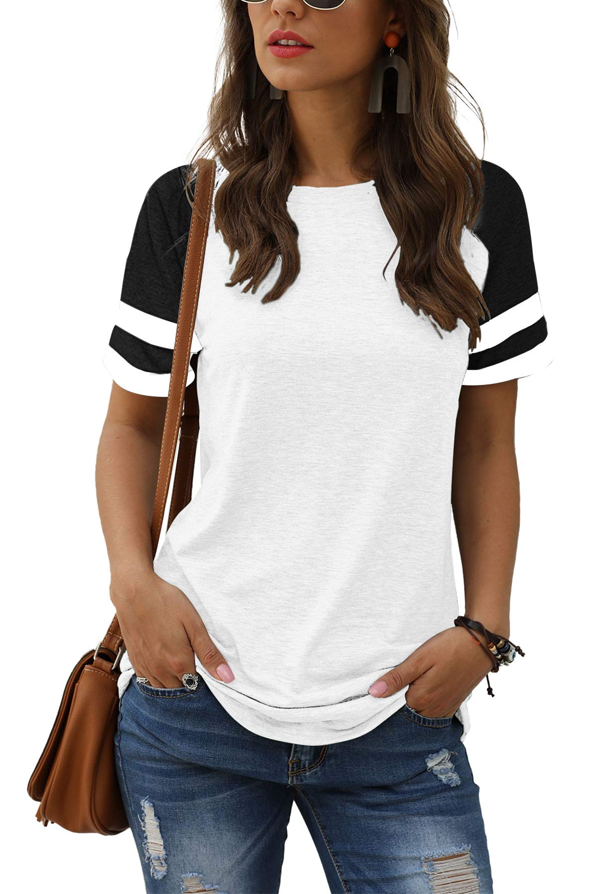 Adibosy Women Summer Casual Shirts: Short Sleeve Striped Tunic Tops - Ladies Loose Crew Neck Tee Tshirt Blouses White 2XL
