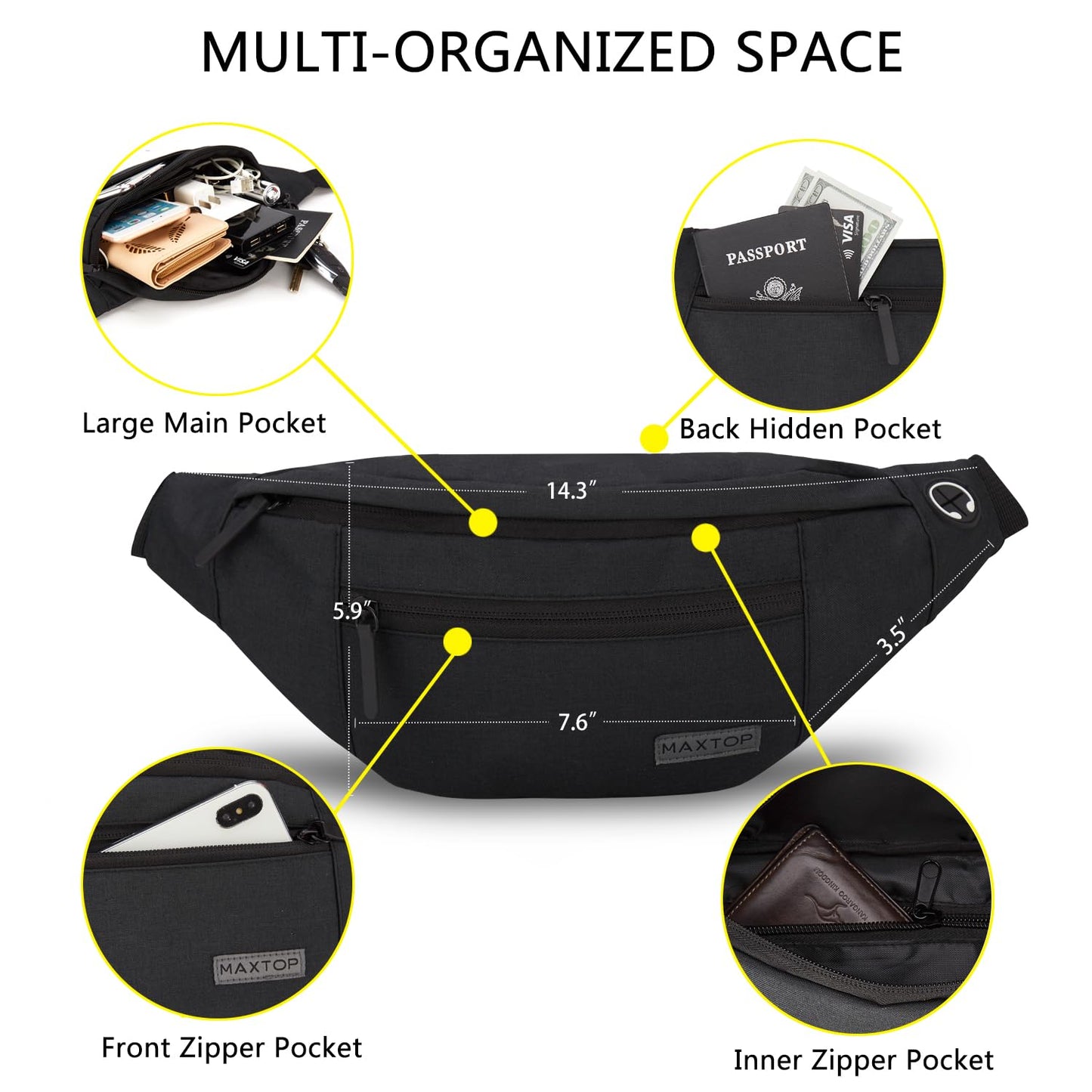 MAXTOP Large Crossbody Fanny Pack with 4-Zipper Pockets,Gifts for Enjoy Sports Festival Workout Traveling Running Casual Hands-Free Wallets Waist Pack Phone Bag Carrying All Phones