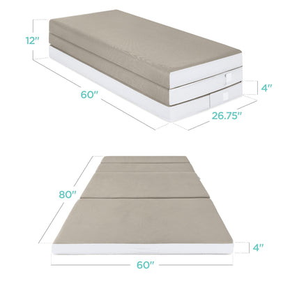 Best Choice Products 4in Portable Queen-Size Mattress, Tri-Fold Mattress for Camping, Guest, Toddler, Foam Plush w/Carry Case - Taupe
