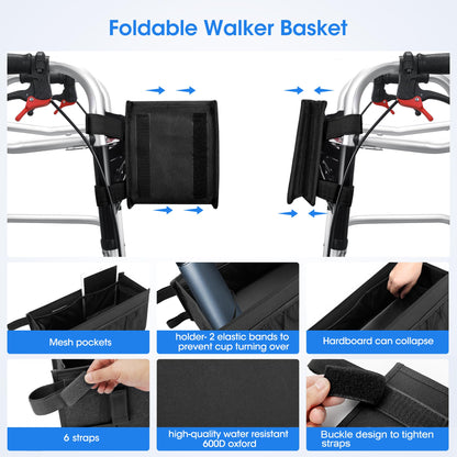 Dotday Upgraded Walker Basket with Cup Holder, Foldable Walker Bag with Large Capacity & Never Tipping Over- Not Fit for Rollator