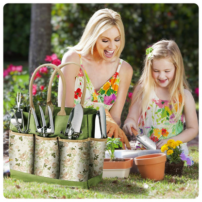 Gardening Tools 9-Piece Heavy Duty Garden Hand Tools with Fashion and Durable Garden Tools Organizer Handbag, Rust-Proof Garden Tool Set, Ideal Gardening Gifts for Women