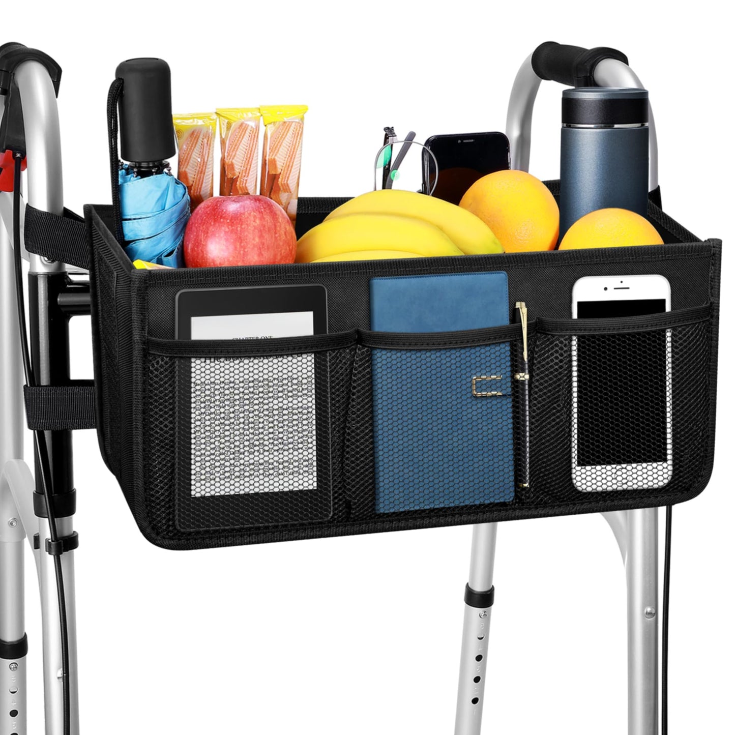 Dotday Upgraded Walker Basket with Cup Holder, Foldable Walker Bag with Large Capacity & Never Tipping Over- Not Fit for Rollator
