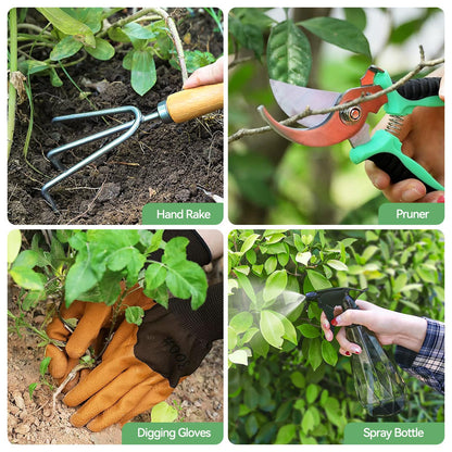 Gardening Tools 9-Piece Heavy Duty Garden Hand Tools with Fashion and Durable Garden Tools Organizer Handbag, Rust-Proof Garden Tool Set, Ideal Gardening Gifts for Women