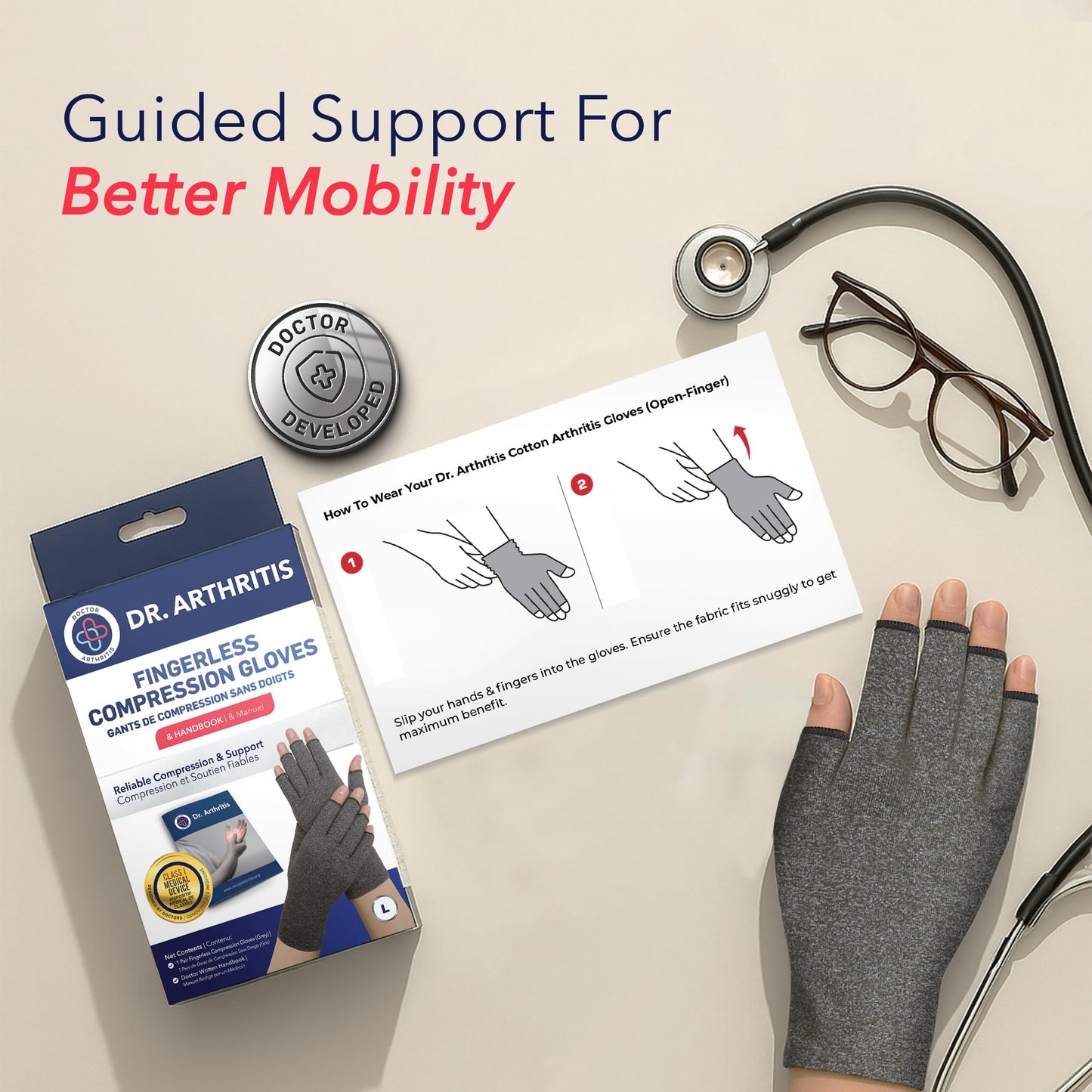 Doctor Developed Compression Gloves for Women and Men, Open-Finger Arthritis Gloves for Carpal Tunnel, Typing & Hand Pain Relief, With Doctor Handbook (Grey, M)