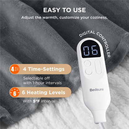 Bedsure Heated Blanket Throw Blanket - Fast Heating Electric Blanket, Soft Flannel Heated Throw with 4 Time Settings, 6 Heating Settings, Warm Gifts for Grandma & Grandpa & Seniors (50“x60”, Grey)