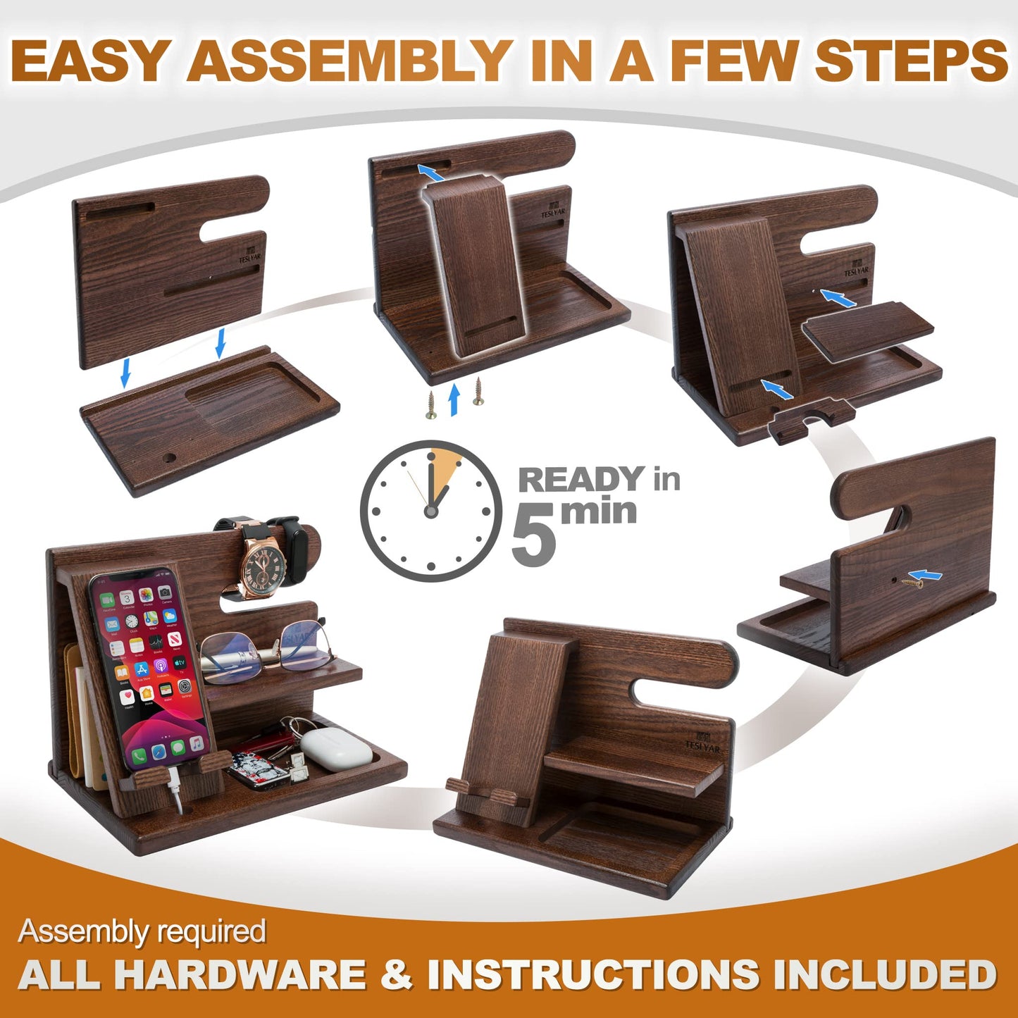 TESLYAR Wood Phone Docking Station for Men - Desktop or Nightstand Organizer - Birthday Gifts for Men, Dad - Anniversary Idea from Wife - Key Holder, Stand Wallet, Watch & Essentials (Bourbon Brown)