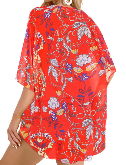 Summer Kimono Cardigan for Women Sheer Boho Tops Casual Open Front Swimwear Shirts Beach Cover ups (Boho Red,M)