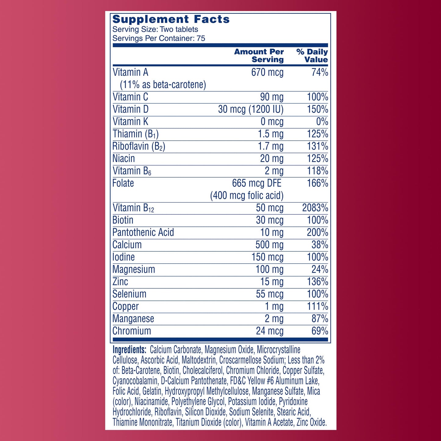One A Day Proactive 65+, Mens & Womens Multivitamin, Supplement with Vitamin A, C, D, and Zinc to Support Bone Health & Cell Health, Calcium, Folic Acid, Tablet 150 Count