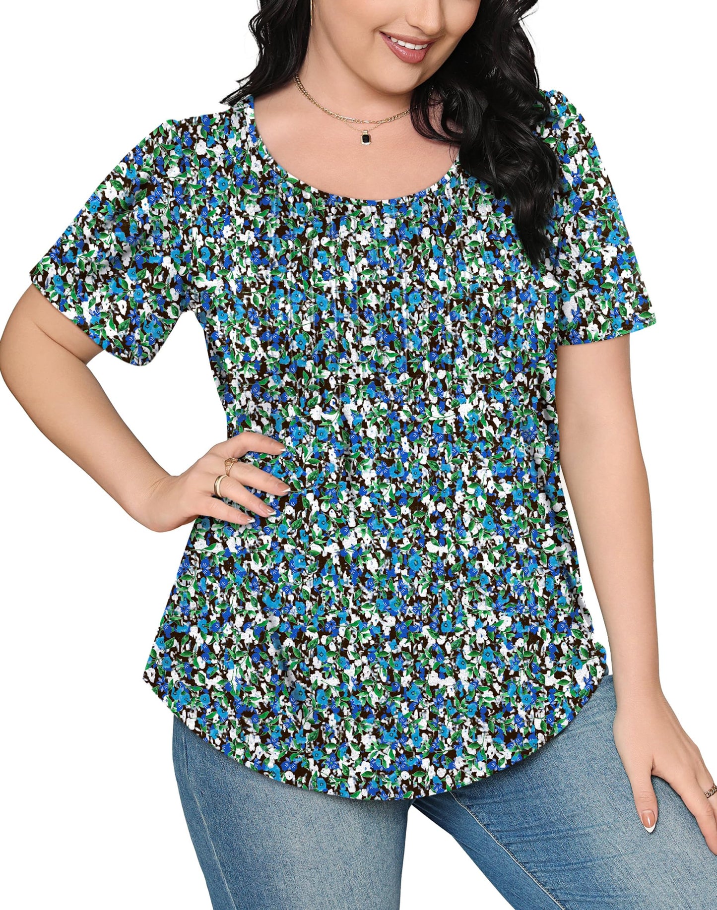 Blouses for Women Floral Print Puff Sleeve Pleated Front Dressy Tops Blue Summer Outfits XL