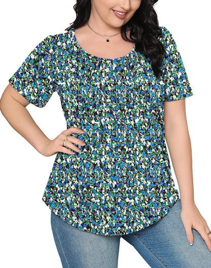 Blouses for Women Floral Print Puff Sleeve Pleated Front Dressy Tops Blue Summer Outfits XL